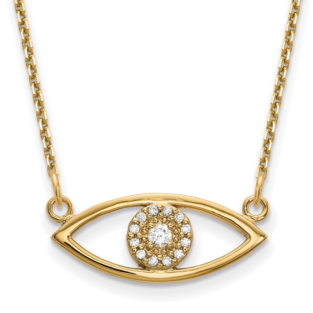 14K Yellow Gold 1/10 carat Diamond Small Evil Eye 18 inch Necklace