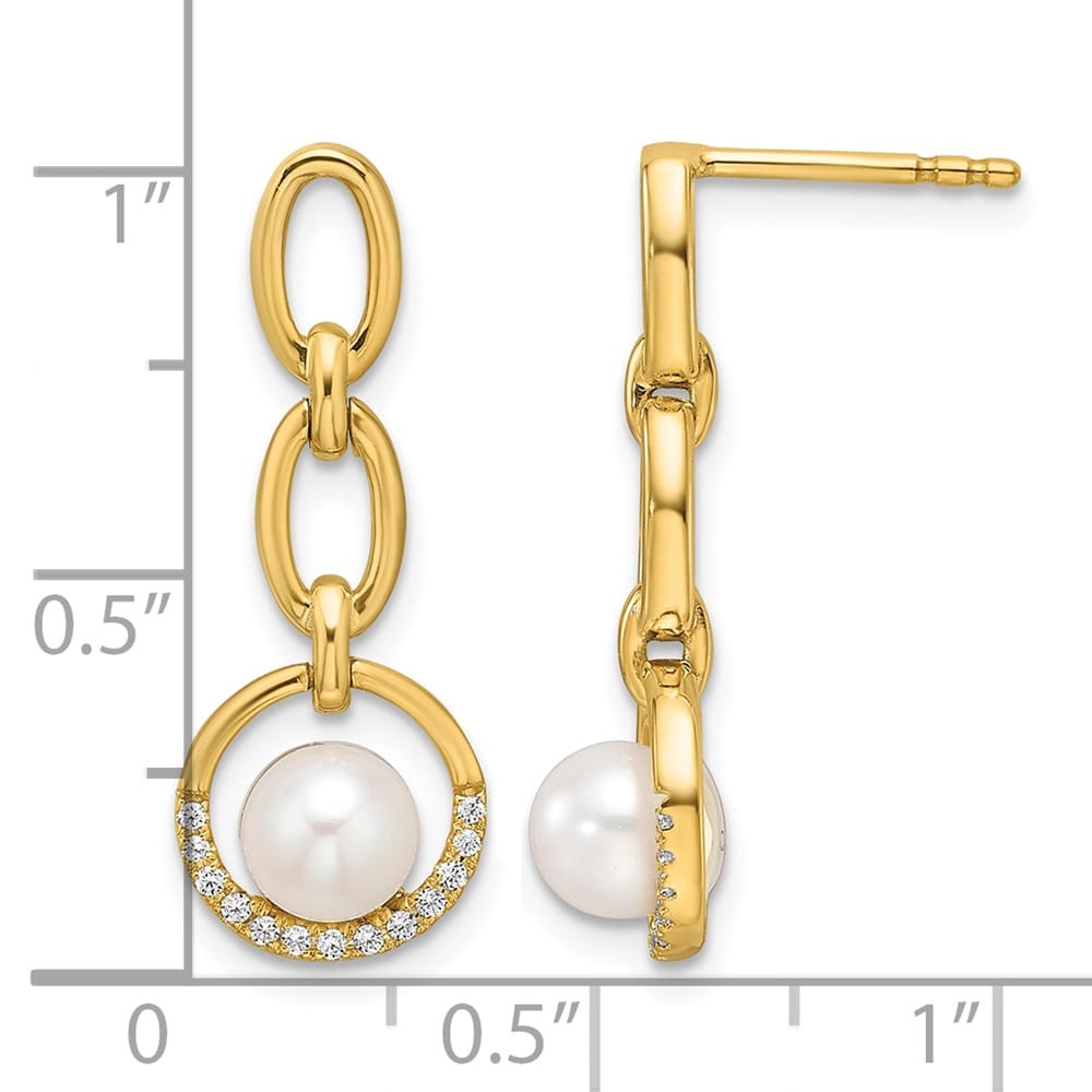 14K Yellow Gold 1/10 carat Diamond White Pearl Circle Dangle Earrings, view 3 of 3