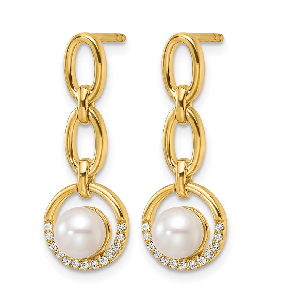 14K Yellow Gold 1/10 carat Diamond White Pearl Circle Dangle Earrings, view 2 of 3