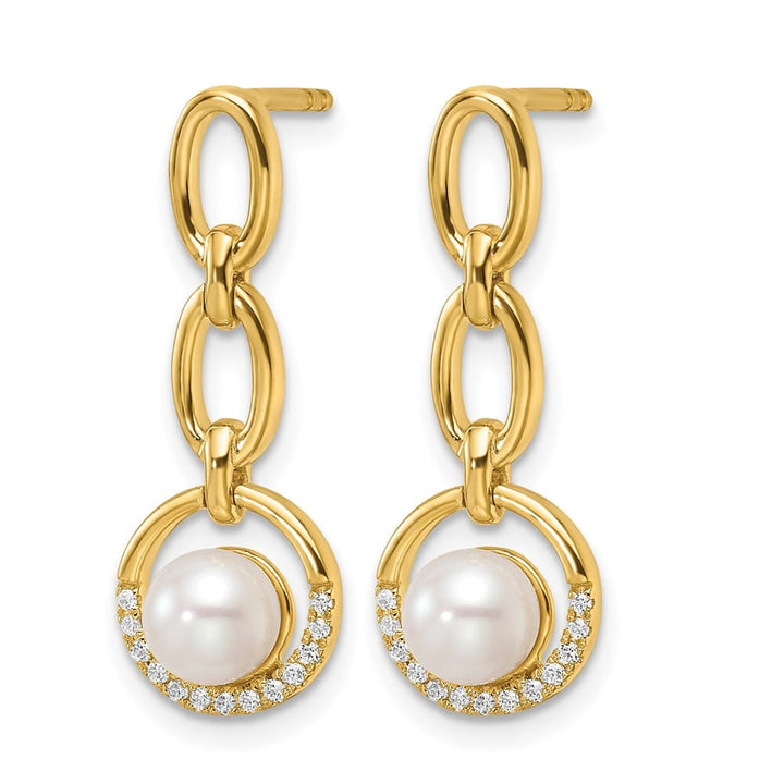 14K Yellow Gold 1/10 carat Diamond White Pearl Circle Dangle Earrings, view 2 of 3