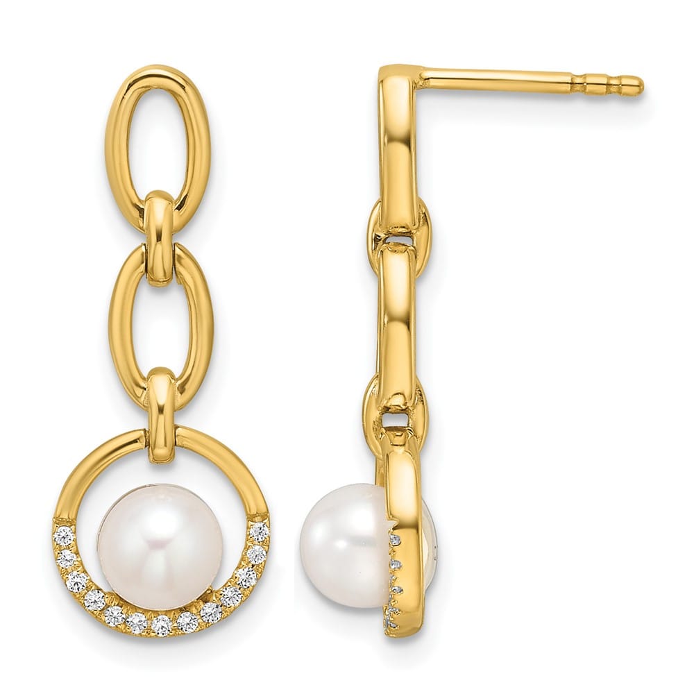 14K Yellow Gold 1/10 carat Diamond White Pearl Circle Dangle Earrings, view 1 of 3
