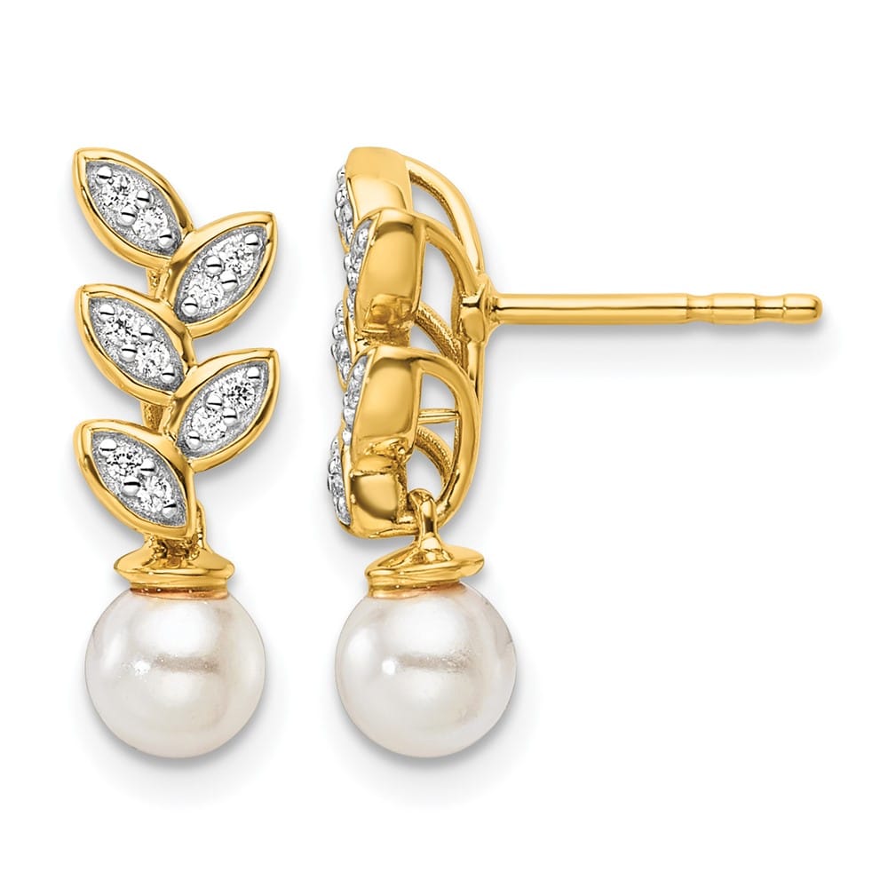 14K Yellow Gold 1/10 carat Diamond White Pearl Leaf Dangle Earrings, view 1 of 3