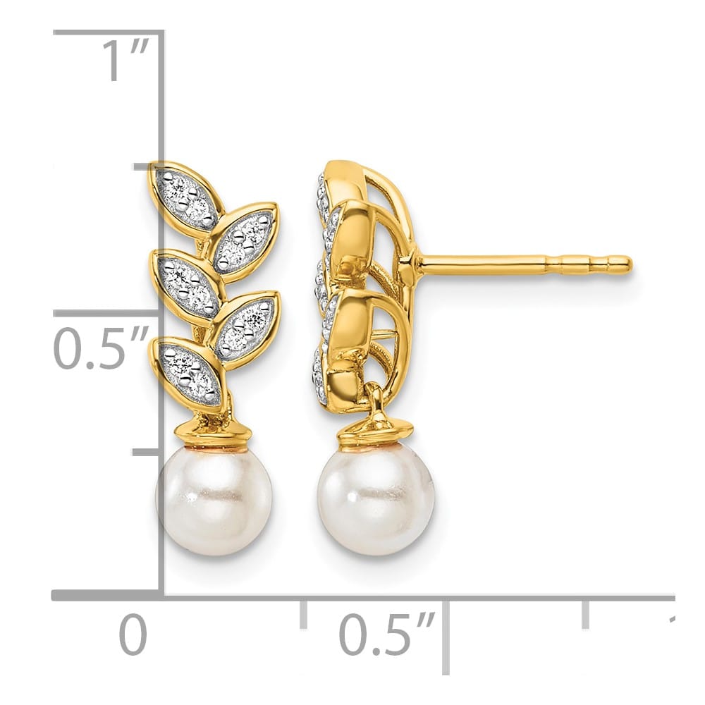 14K Yellow Gold 1/10 carat Diamond White Pearl Leaf Dangle Earrings, view 3 of 3
