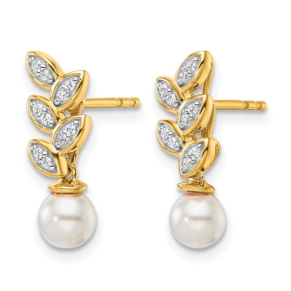 14K Yellow Gold 1/10 carat Diamond White Pearl Leaf Dangle Earrings, view 2 of 3