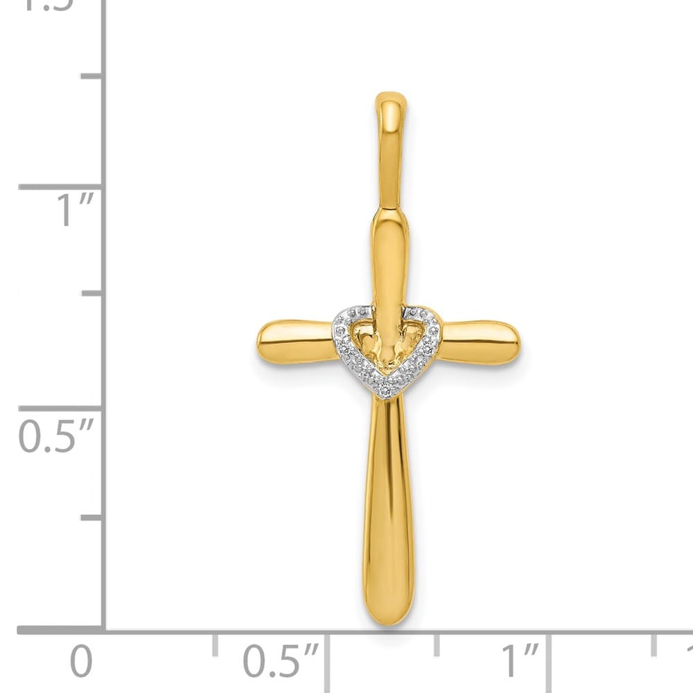 14K Yellow Gold 1/10 CT Diamond Cross with Heart Pendant