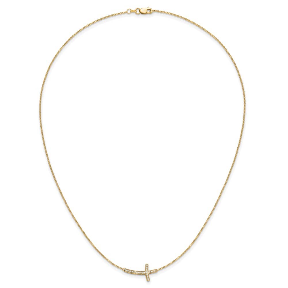 14K Yellow Gold 1/10 ct Diamond Sideways Cross 20 mm 18 inch Necklace