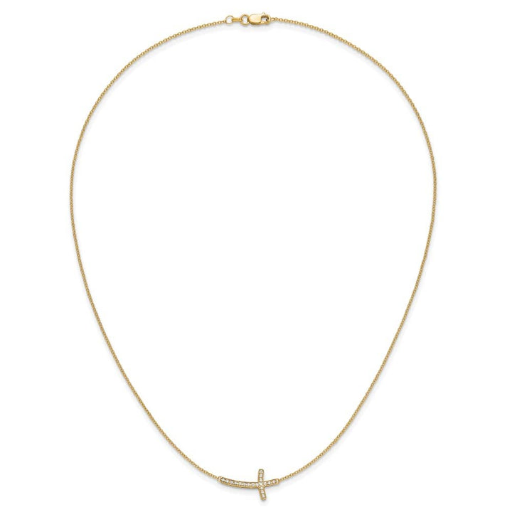 14K Yellow Gold 1/10 ct Diamond Sideways Cross 20 mm 18 inch Necklace