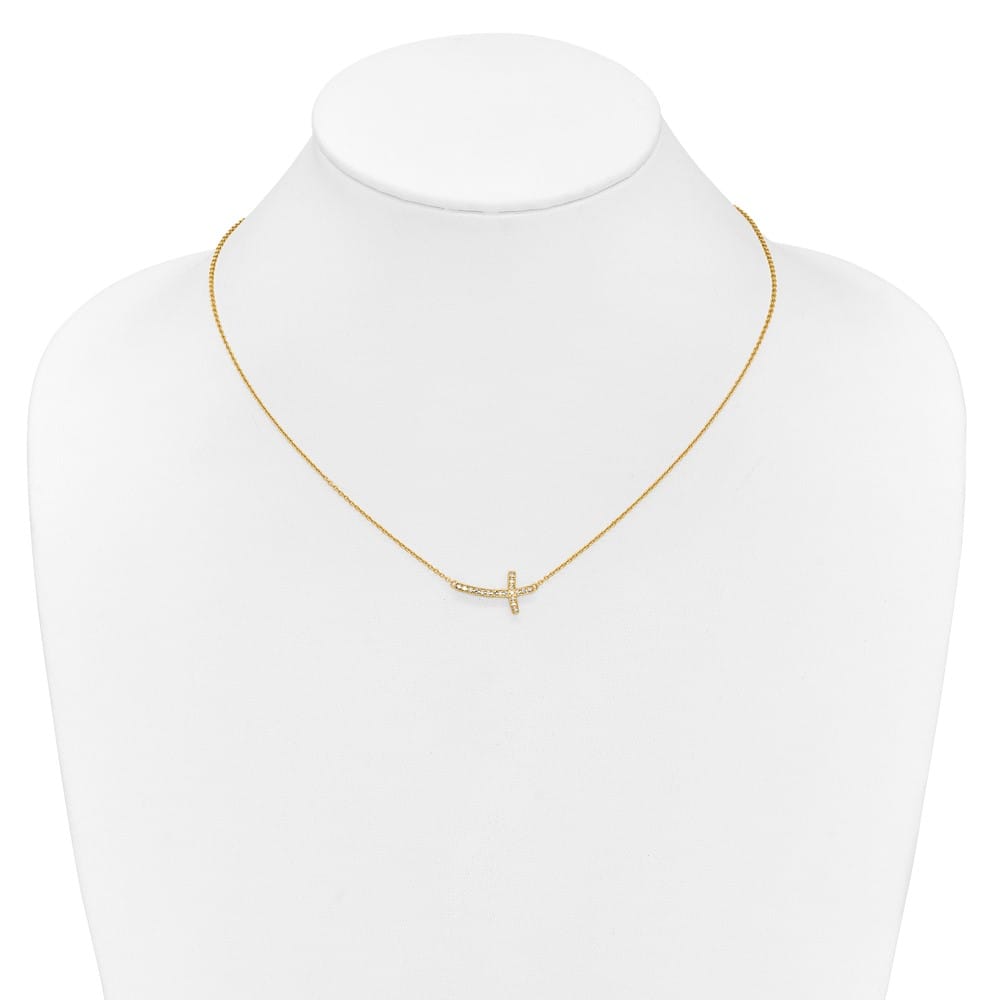 14K Yellow Gold 1/10 ct Diamond Sideways Cross 20 mm 18 inch Necklace