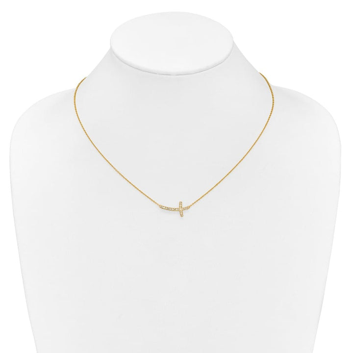 14K Yellow Gold 1/10 ct Diamond Sideways Cross 20 mm 18 inch Necklace