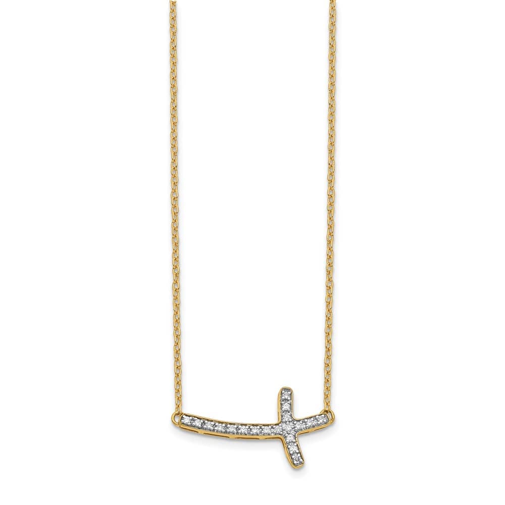 14K Yellow Gold 1/10 ct Diamond Sideways Cross 20 mm 18 inch Necklace