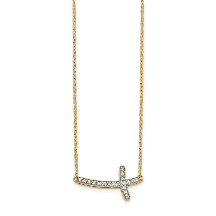 14K Yellow Gold 1/10 ct Diamond Sideways Cross 20 mm 18 inch Necklace