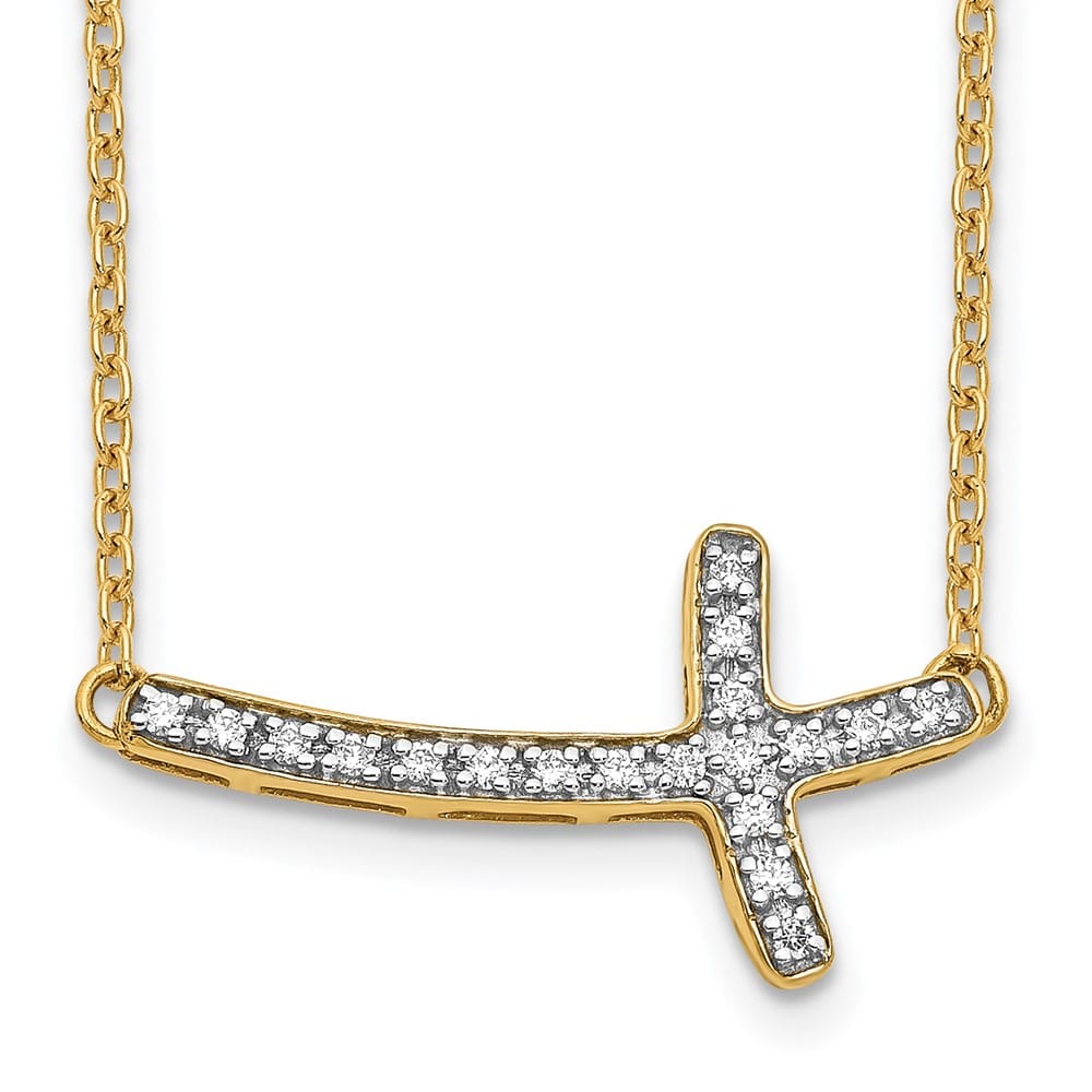 14K Yellow Gold 1/10 ct Diamond Sideways Cross 20 mm 18 inch Necklace