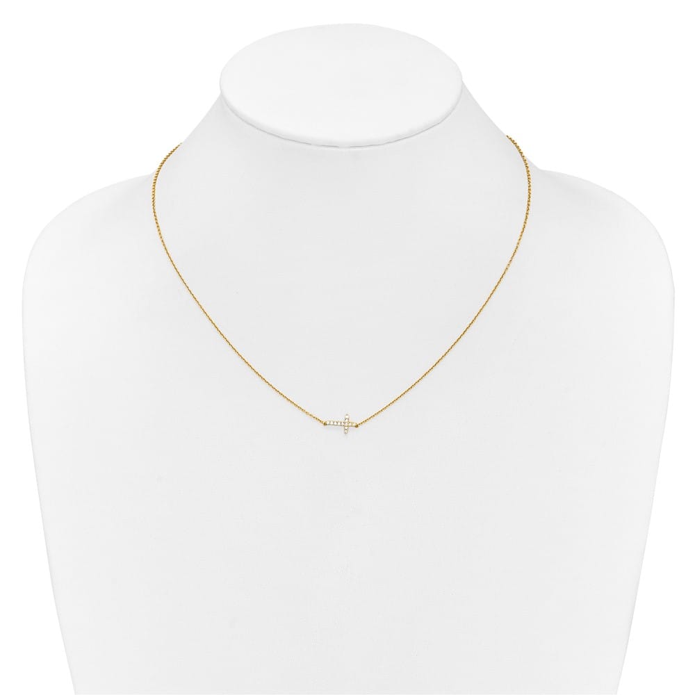 14K Yellow Gold 1/10 ct Diamond Sideways Cross 8x11mm 18 inch Necklace