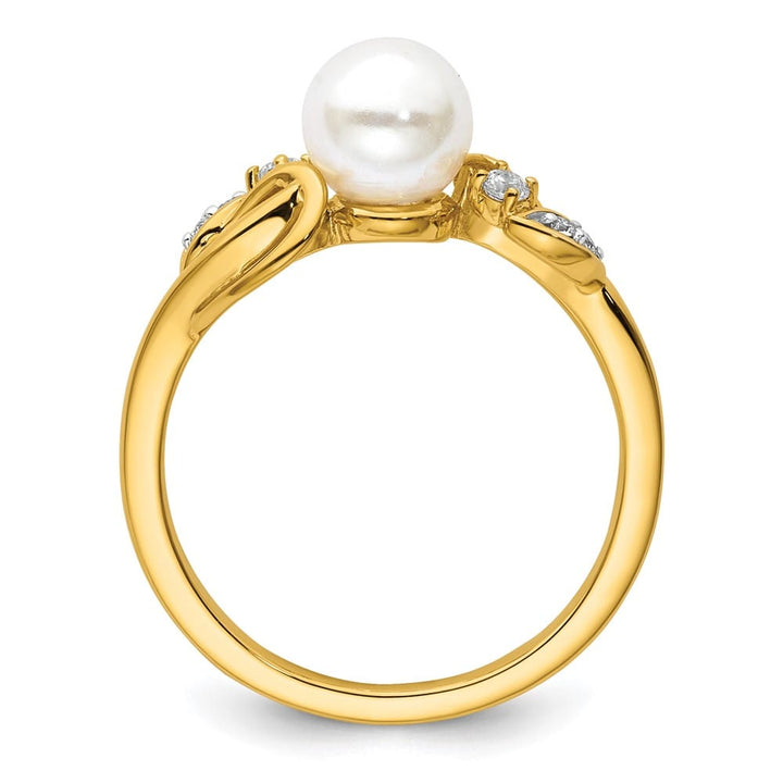 14k Yellow Gold 1/15 Carat Diamond and White Cultured Pearl Ring Size 7