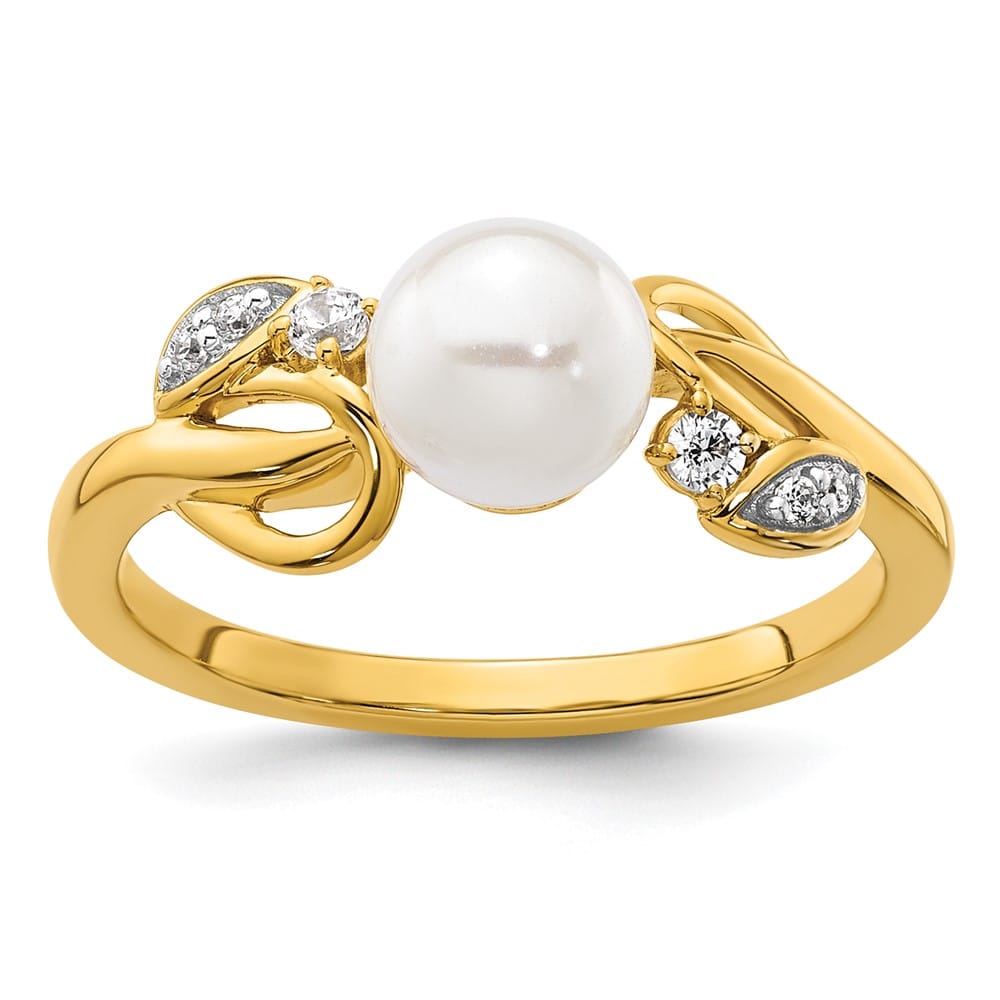 14k Yellow Gold 1/15 Carat Diamond and White Cultured Pearl Ring Size 7
