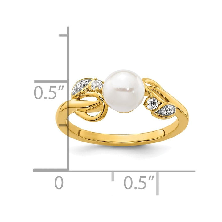 14k Yellow Gold 1/15 Carat Diamond and White Cultured Pearl Ring Size 7
