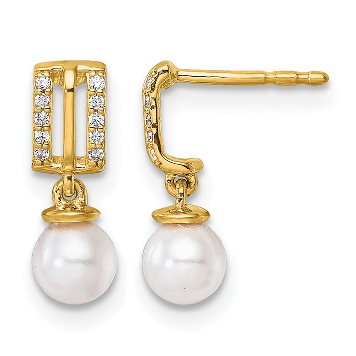 14K Yellow Gold 1/15 carat Diamond Pearl Dangle Post 14.6 mm Earrings, view 1 of 3