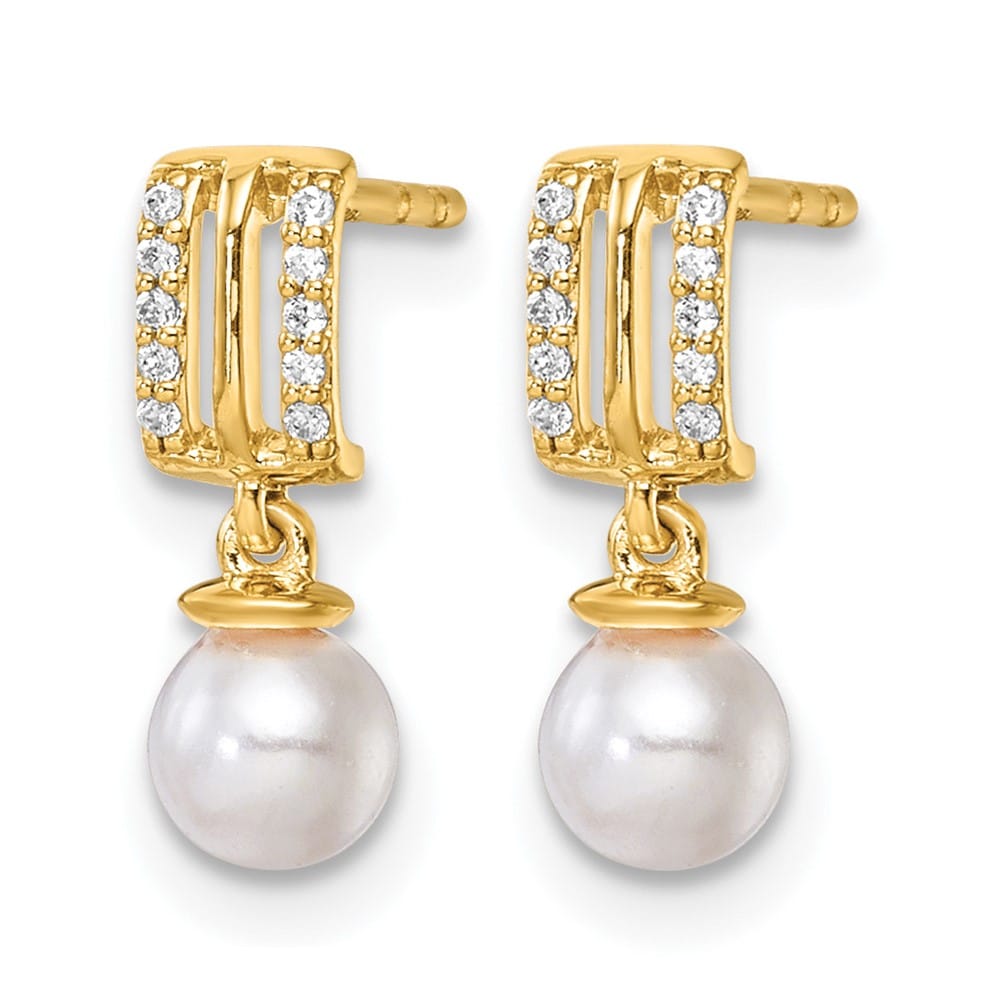 14K Yellow Gold 1/15 carat Diamond Pearl Dangle Post 14.6 mm Earrings, view 2 of 3