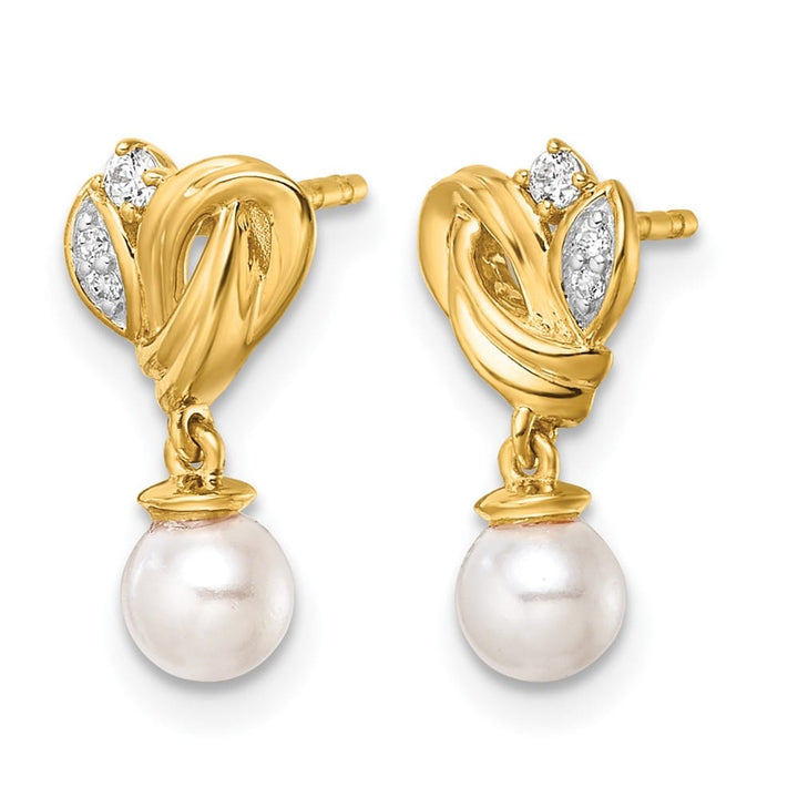 14K Yellow Gold 1/15 carat Diamond Pearl Dangle Post 16.1 mm Earrings, view 2 of 3