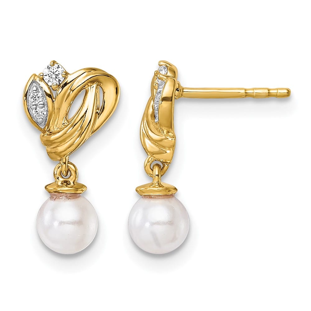 14K Yellow Gold 1/15 carat Diamond Pearl Dangle Post 16.1 mm Earrings, view 1 of 3