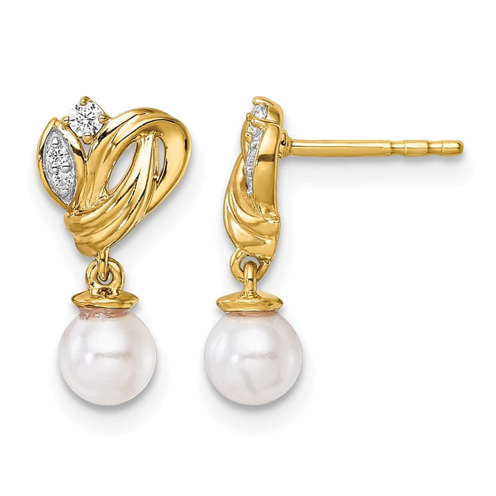 14K Yellow Gold 1/15 carat Diamond Pearl Dangle Post 16.1 mm Earrings, view 1 of 3