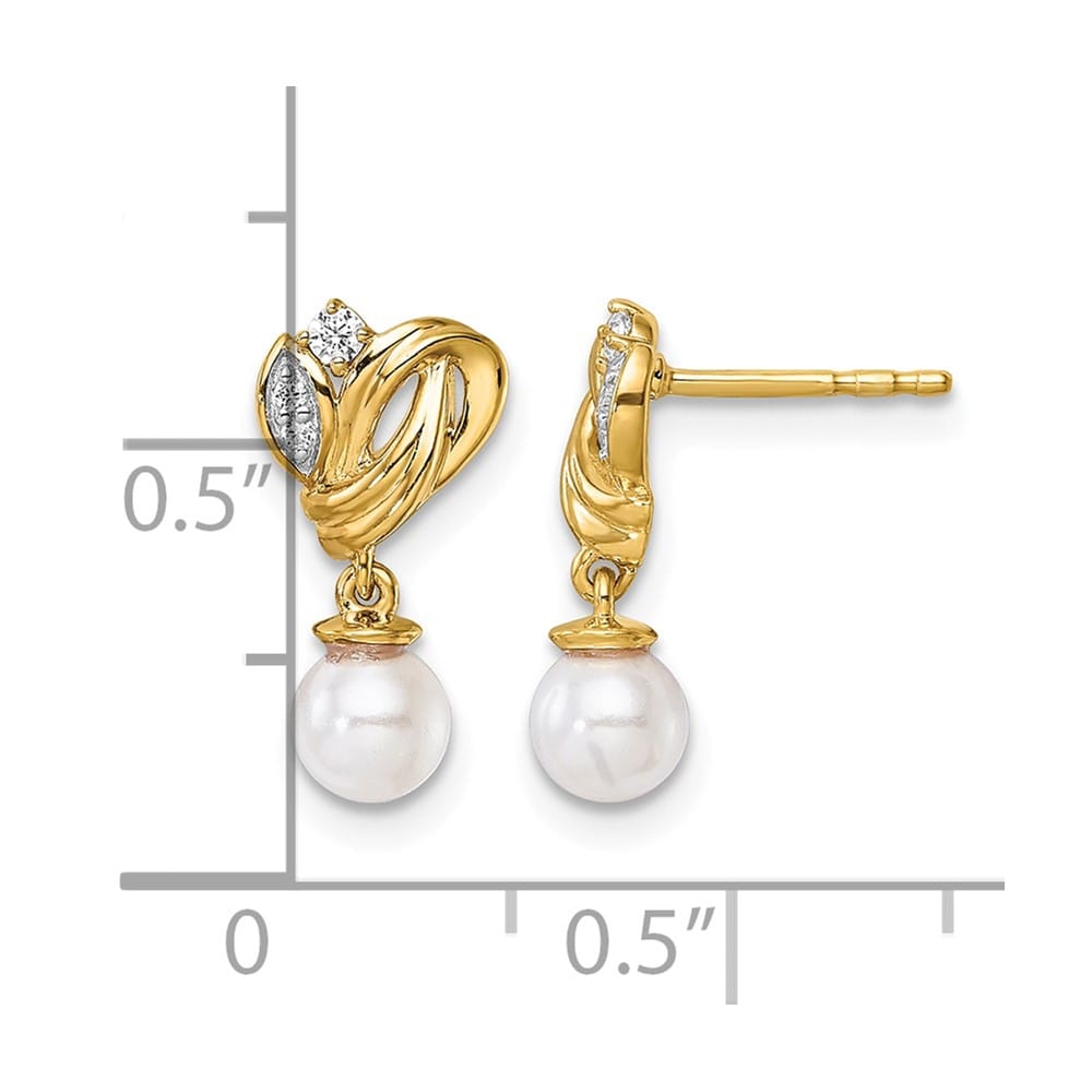 14K Yellow Gold 1/15 carat Diamond Pearl Dangle Post 16.1 mm Earrings, view 3 of 3