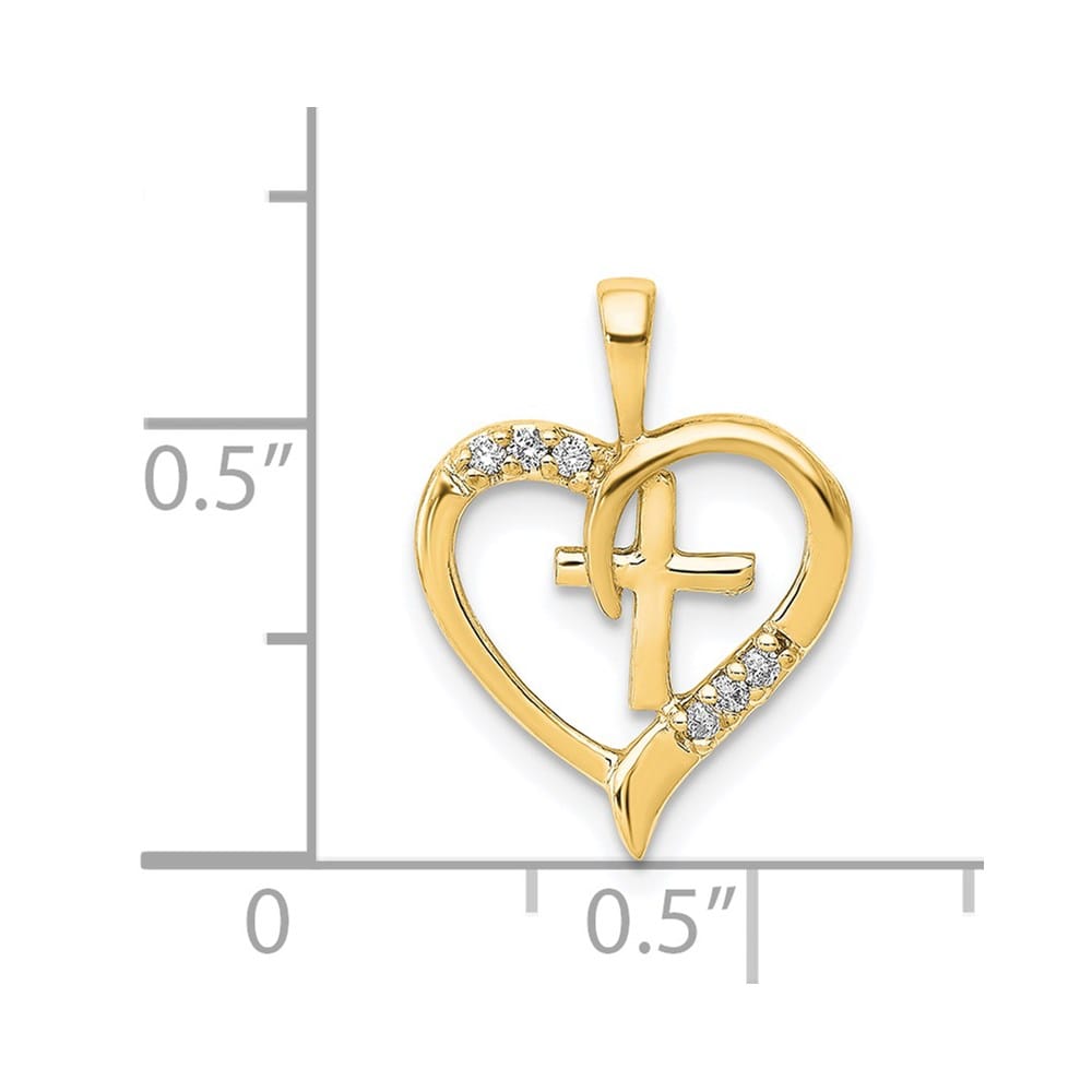 14K Yellow Gold 1/20 carat Diamond Heart Cross Pendant
