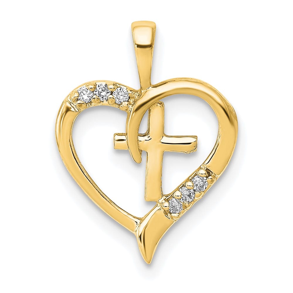 14K Yellow Gold 1/20 carat Diamond Heart Cross Pendant