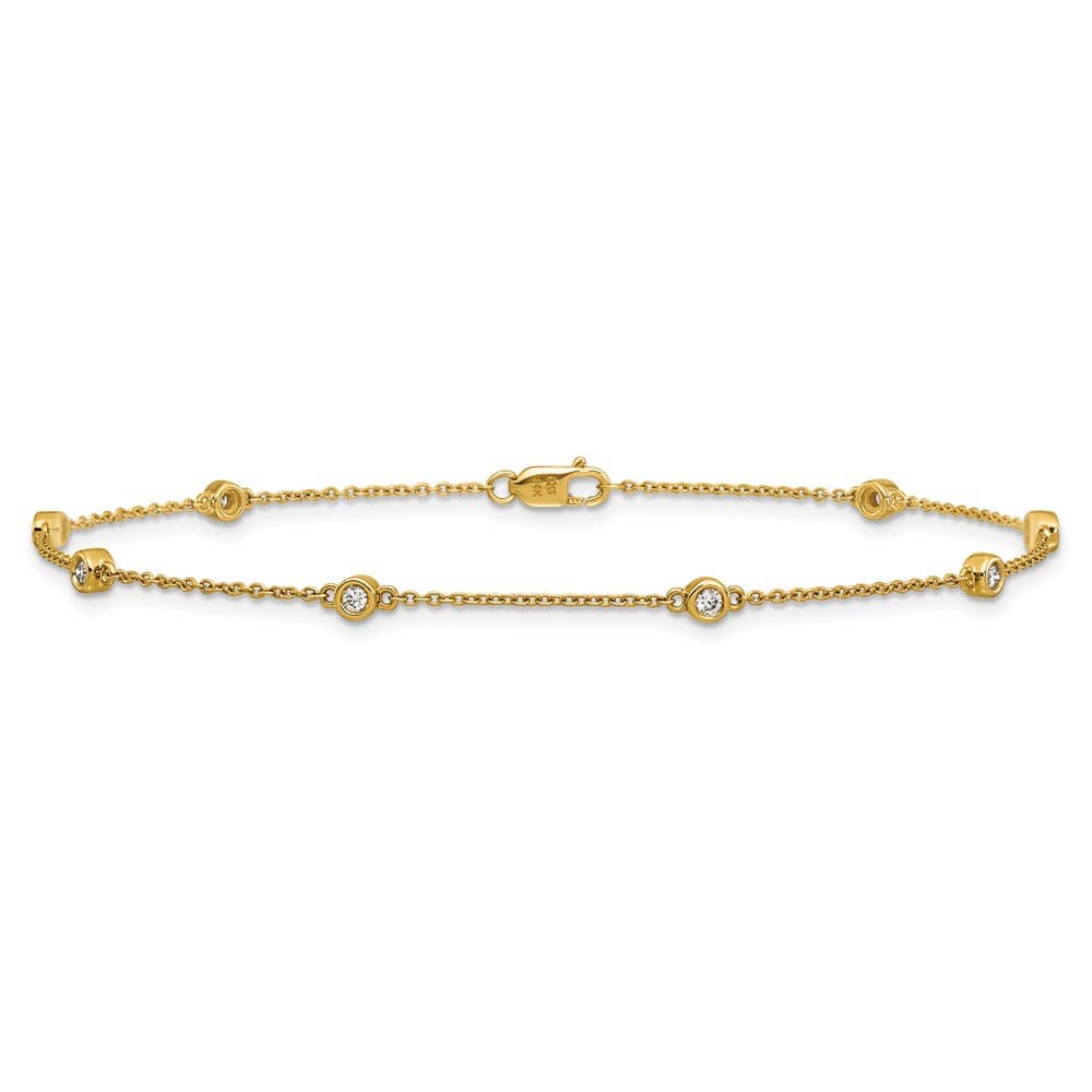 14K Yellow Gold 1/5 carat Bezel-set Diamond and Cable 8-Station Anklet