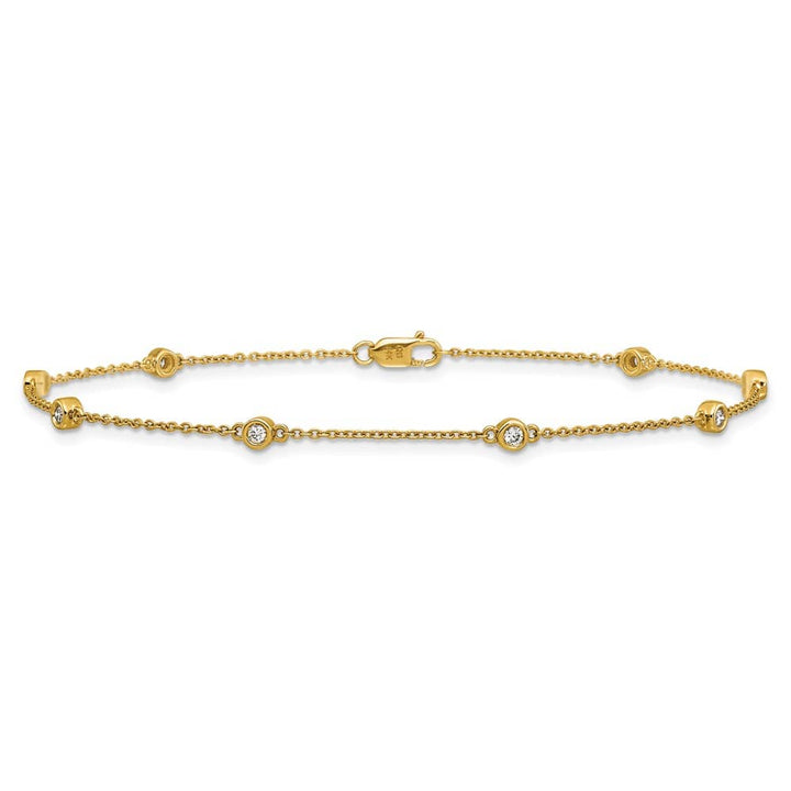 14K Yellow Gold 1/5 carat Bezel-set Diamond and Cable 8-Station Anklet