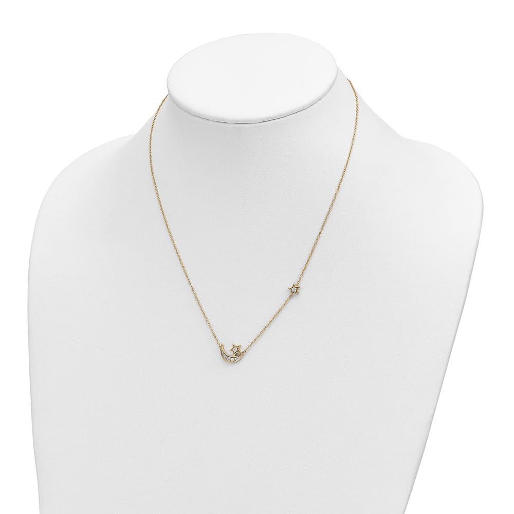 14K Yellow Gold 1/5 carat Diamond Moon and Stars 18 inch Necklace
