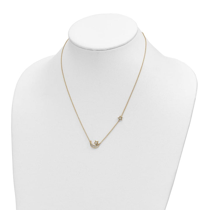 14K Yellow Gold 1/5 carat Diamond Moon and Stars 18 inch Necklace