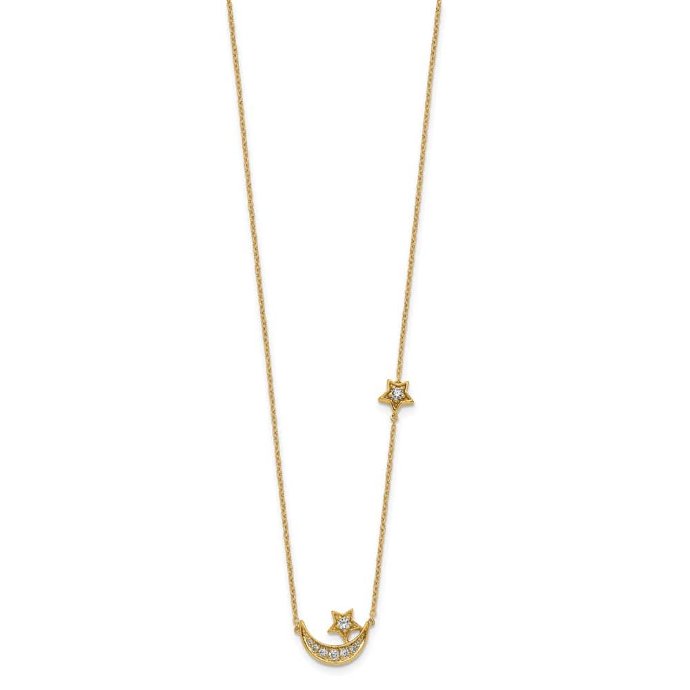 14K Yellow Gold 1/5 carat Diamond Moon and Stars 18 inch Necklace