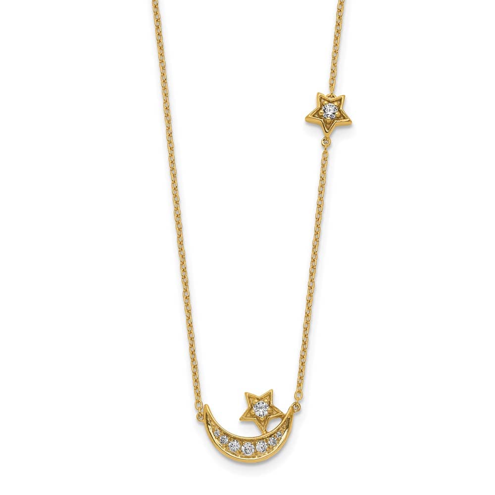 14K Yellow Gold 1/5 carat Diamond Moon and Stars 18 inch Necklace