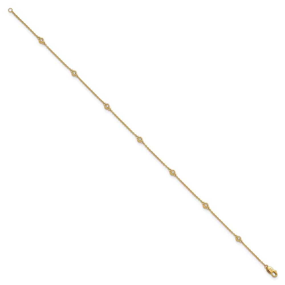 14K Yellow Gold 1/6 carat Bezel-set Diamond and Cable 7-Station Anklet