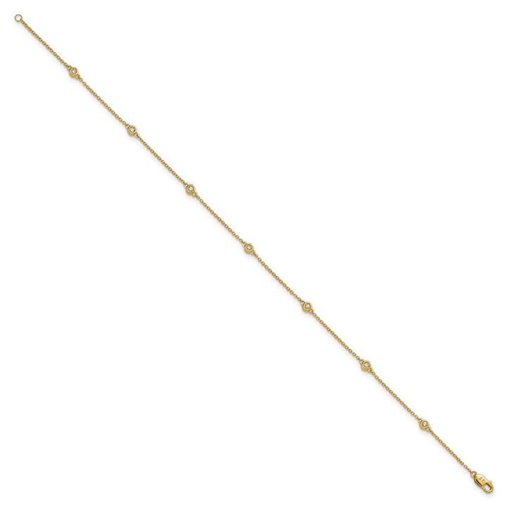 14K Yellow Gold 1/6 carat Bezel-set Diamond and Cable 7-Station Anklet