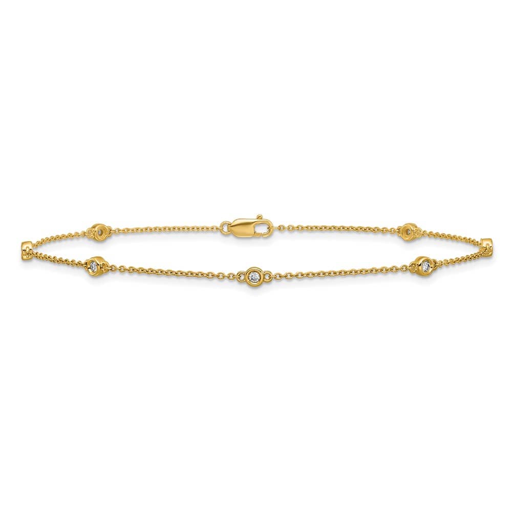 14K Yellow Gold 1/6 carat Bezel-set Diamond and Cable 7-Station Anklet