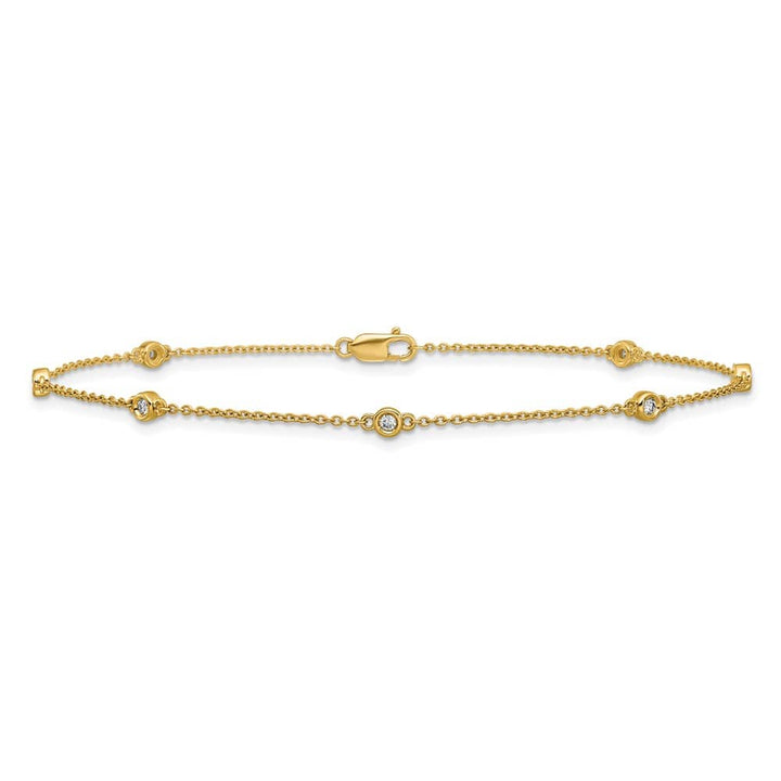 14K Yellow Gold 1/6 carat Bezel-set Diamond and Cable 7-Station Anklet