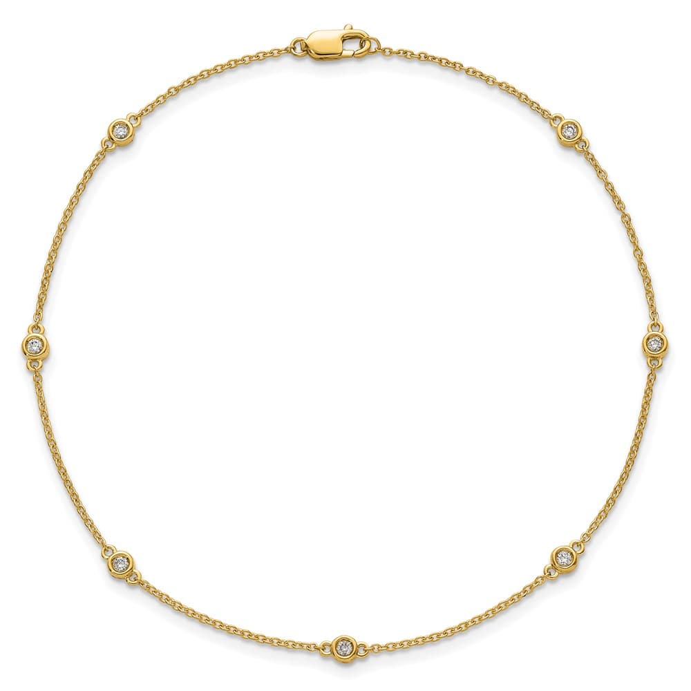 14K Yellow Gold 1/6 carat Bezel-set Diamond and Cable 7-Station Anklet