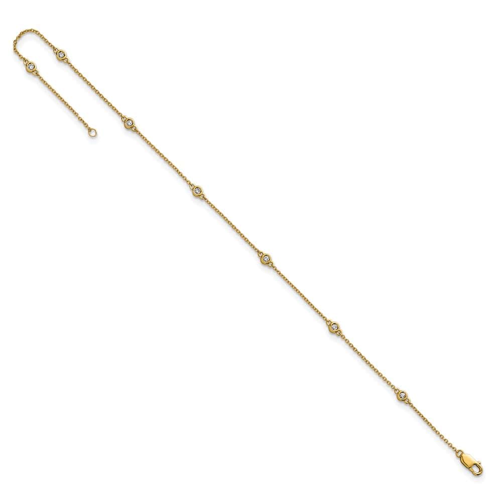 14K Yellow Gold 1/6 carat Bezel-set Diamond and Cable 7-Station Anklet