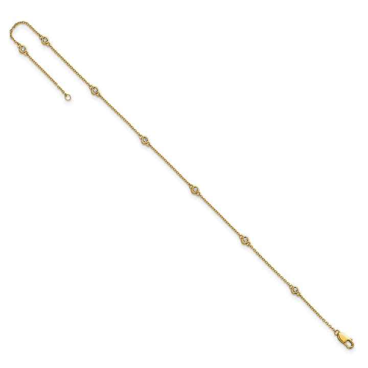 14K Yellow Gold 1/6 carat Bezel-set Diamond and Cable 7-Station Anklet