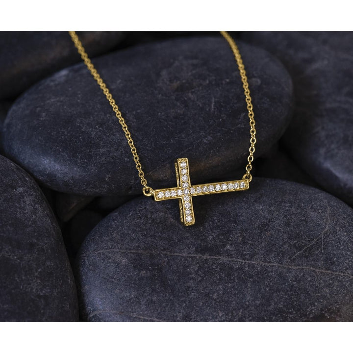 14K Yellow Gold 1/6 ct Diamond Sideways Cross 12x18mm 18 inch Necklace