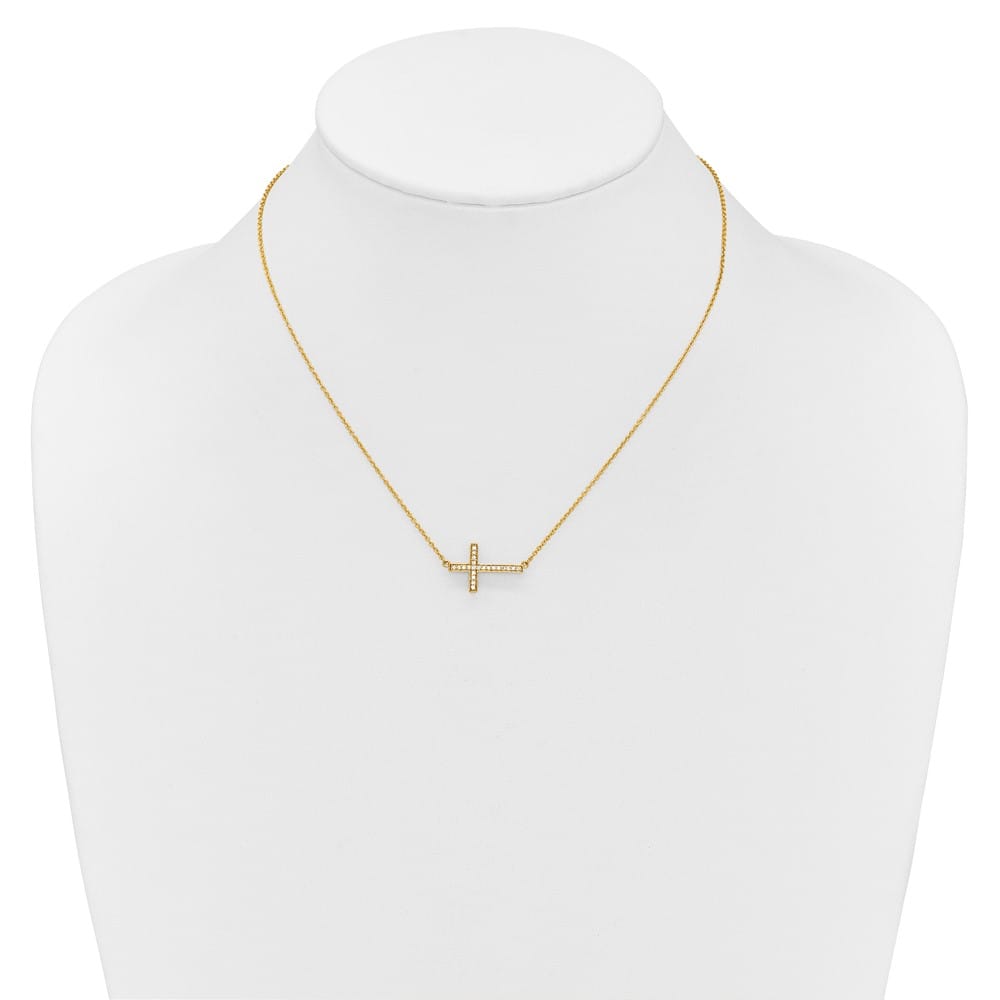 14K Yellow Gold 1/6 ct Diamond Sideways Cross 12x18mm 18 inch Necklace