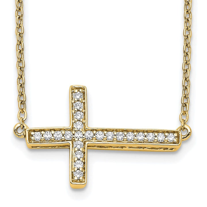 14K Yellow Gold 1/6 ct Diamond Sideways Cross 12x18mm 18 inch Necklace