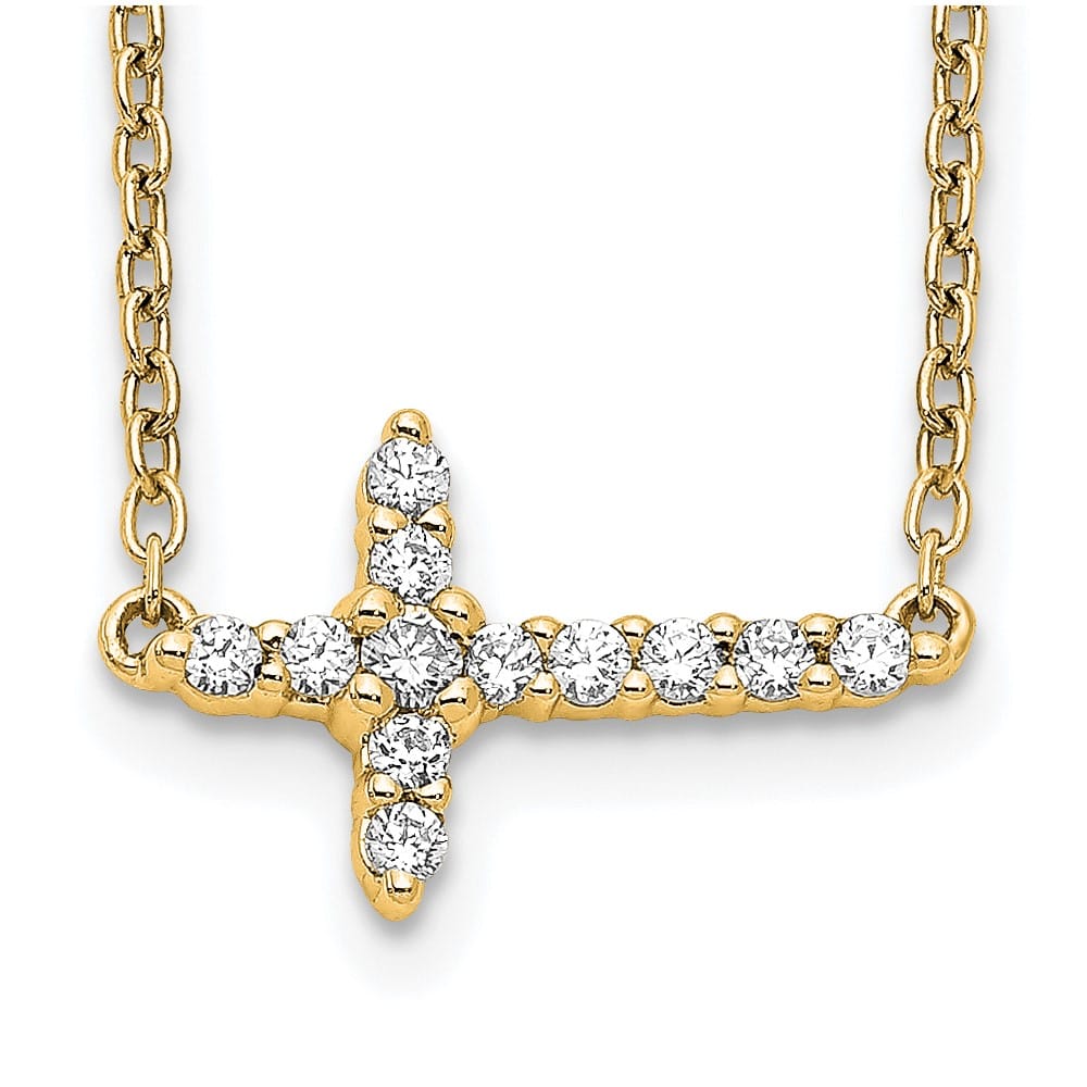 14K Yellow Gold 1/6 ct Diamond Sideways Cross 9x12 mm 18 inch Necklace