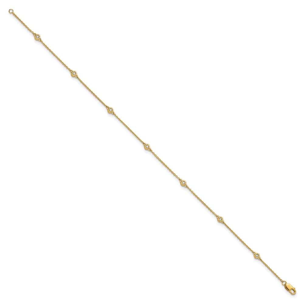 14K Yellow Gold 1/8 carat Bezel-set Diamond and Cable 7-Station Anklet
