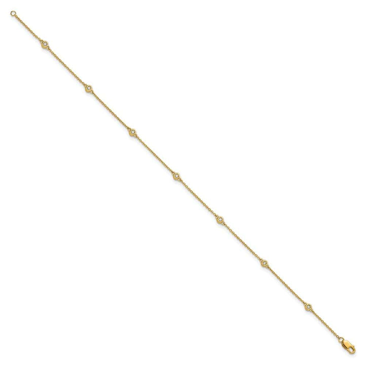14K Yellow Gold 1/8 carat Bezel-set Diamond and Cable 7-Station Anklet