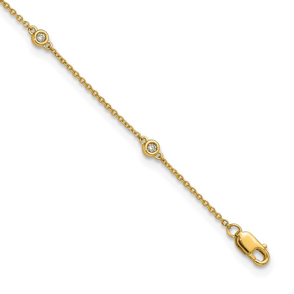 14K Yellow Gold 1/8 carat Bezel-set Diamond and Cable 7-Station Anklet — solid 14K yellow gold, 9 inches long, 2.75 g
