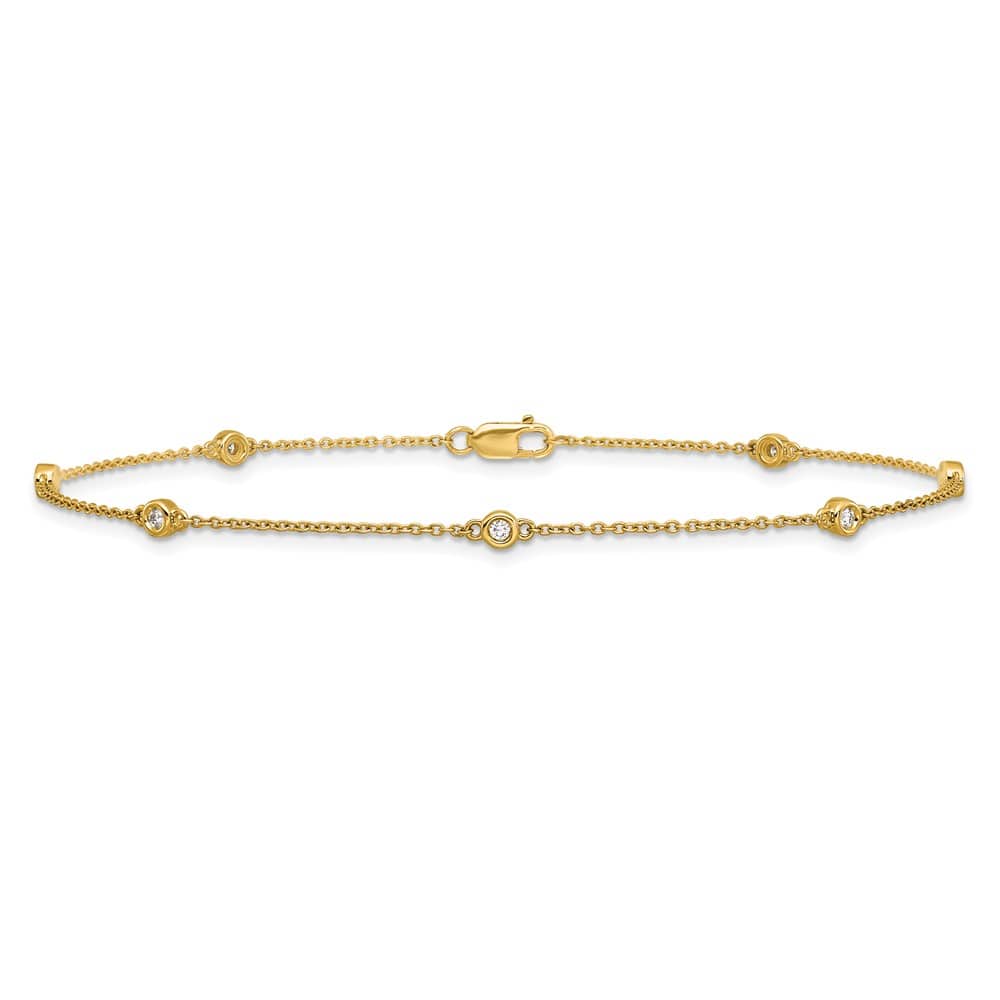 14K Yellow Gold 1/8 carat Bezel-set Diamond and Cable 7-Station Anklet