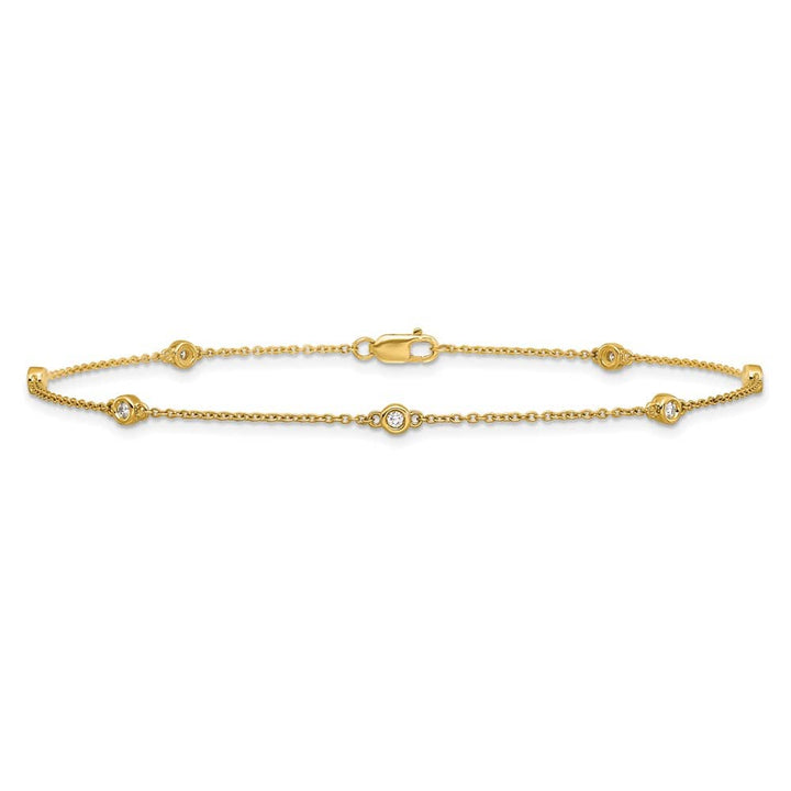 14K Yellow Gold 1/8 carat Bezel-set Diamond and Cable 7-Station Anklet